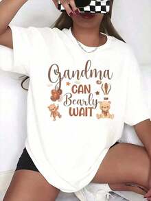 100% Cotton 1 Piece Bear And Balloon Design T-Shirt "Grandma Can't Wait For The Bear" For Grandma Gift, Mother's Day Celebration Or Birthday, 220gg 100% Cotton Women's Simple Solid Color T-Shirt, Loose And Slim Fit Casual Short Sleeve - 黑色 - 查看 6