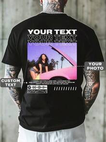 Customized Summer T-Shirt For Men With Printed Design On The Back, Upload Your Own Photos/Images/Selfies/Scenes, Personalize With Text/Blessings/Messages/Names, Round Neck, Short Sleeve, Black Color, DIY Design, Creative Gift, Stylish Autumn, Casual Street Style, Travel Organizer. - 黑色 - 查看 7