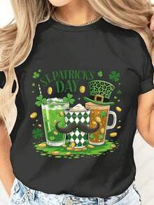 Women's T-Shirt For St. Patrick's Day, With Beer And Green Drink Design, Mustache And Shamrocks, Festive Party Outfit, New Arrivals, Women's Clothing, Gifts For Women - 黑色 - 查看 7