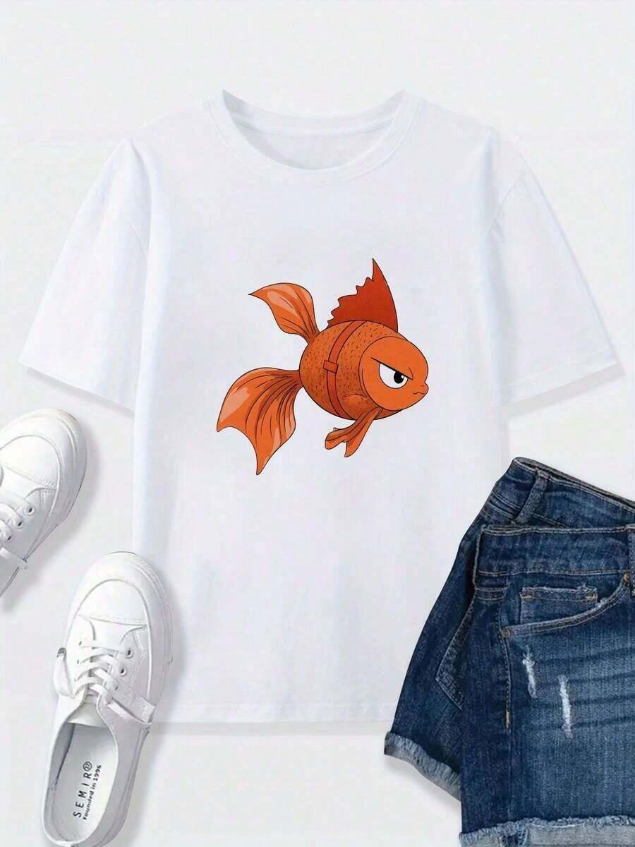 PremiumFashion White T-Shirt With Orange Fish Print | Featuring A Fishtail Detail, Flowing Tail, And Serious Expression, This Casual Crew Neck T-Shirt Is Perfect For Summer Outfits. Pair It With White Sneakers And Light-Wash Denim Shorts. A New Women's Summer T-Shirt, Casual And Comfortable With A Crew Neck. Great Gift Idea. - 白色 - 查看 1
