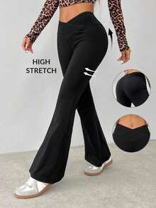 Pantalones acampanados de cintura alta envolvente de unicolor sencillo - Negro - Ver 1