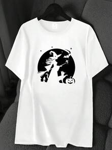 T-Shirt With A Halloween-Themed Print: Magic, Bat, Pumpkin, And Cat. Available In 6 Colors, Short Sleeves, Round Neck, High-Stretch Casual Sports Top. Machine Washable. Suitable For Spring And Summer. Can Be Worn Year-Round. Women's Clothing. Elegant Party Outfit, Stylish Ladies' T-Shirt, Blouses Suitable For Curvy Women, Casual Wear, Cool And Breathable Summer Wear, Fun Letter Print. - 白色 - 查看 1