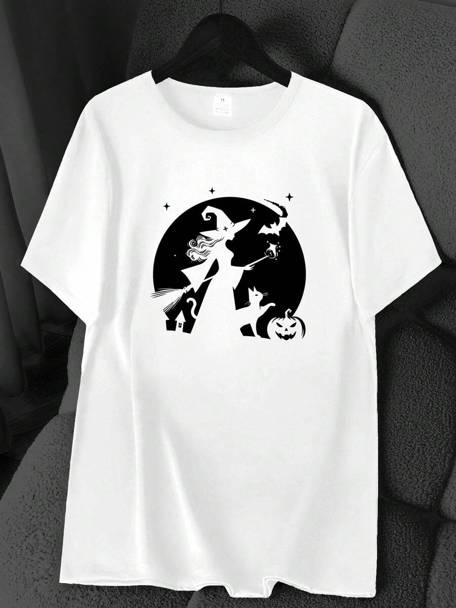 T-Shirt With A Halloween-Themed Print: Magic, Bat, Pumpkin, And Cat. Available In 6 Colors, Short Sleeves, Round Neck, High-Stretch Casual Sports Top. Machine Washable. Suitable For Spring And Summer. Can Be Worn Year-Round. Women's Clothing. Elegant Party Outfit, Stylish Ladies' T-Shirt, Blouses Suitable For Curvy Women, Casual Wear, Cool And Breathable Summer Wear, Fun Letter Print. - 白色 - 查看 1