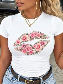 Floral Kiss T-Shirt, Floral Print Summer Top, Women's Round Neck T-Shirt, Loose And Casual Fit, Soft And Comfortable, Suitable For All Seasons, Short Sleeve Top For Women, Machine Washable, Local Warehouse. - 白色 - 查看 7