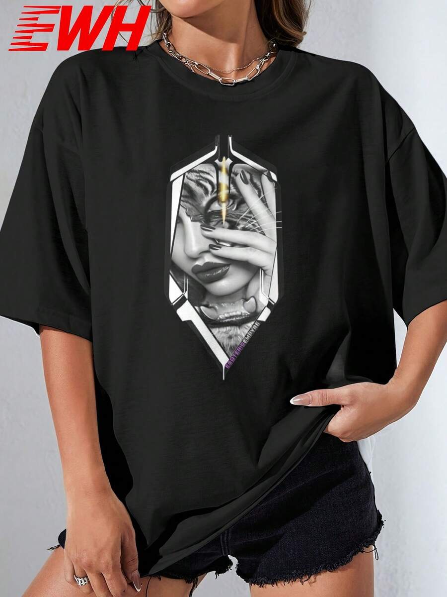 Women's Pure Cotton Crew Neck T-Shirt, Essential Summer Tee With Artistic Print, Comfortable And Breathable, Casual Short-Sleeved Sports Tee. Slogan, Micro Elasticity, Knit Fabric, Soft Texture - 黑色 - 查看 1