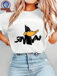 Authentic Women's Summer T-Shirt, Cute "Loose" Style With " Doesn't Care" Print, Round Neck And Short Sleeves, Classic 90s Warner Bros. Movie, Versatile Vintage Style Top For Holidays And Casual Travel, Sizes S-XXL - 白色 - 查看 1