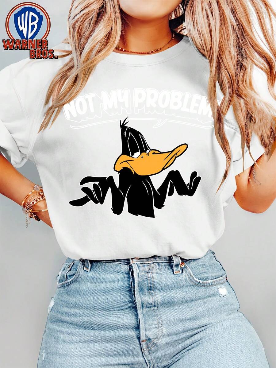 Authentic Women's Summer T-Shirt, Cute "Loose" Style With " Doesn't Care" Print, Round Neck And Short Sleeves, Classic 90s Warner Bros. Movie, Versatile Vintage Style Top For Holidays And Casual Travel, Sizes S-XXL - 白色 - 查看 1