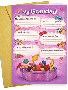 1件 Sweet Candy「My Grandad」填空式父親節/祖父卡，附信封，高級啞光紙，趣味糖果盒與兒童活動設計，適合孩子填寫，可愛風個性化禮物卡 (12cm/4.7in X 17cm/6.7in) - 棕色信封 - 查看 1