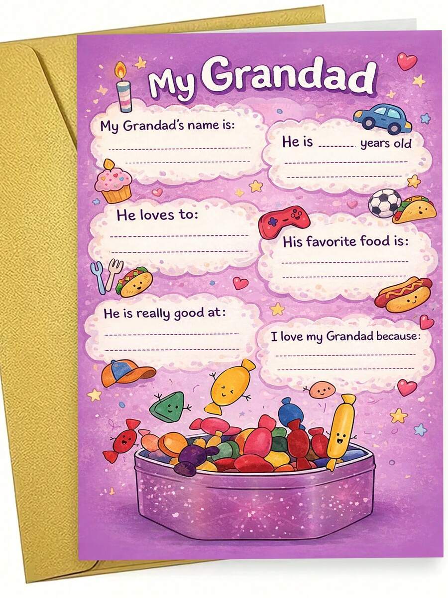 1件 Sweet Candy「My Grandad」填空式父親節/祖父卡,附信封,高級啞光紙,趣味糖果盒與兒童活動設計,適合孩子填寫,可愛風個性化禮物卡 (12cm/4.7in X 17cm/6.7in) - 棕色信封 - 查看 1