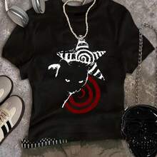 Plus Size Women's Summer Casual Printed Short Sleeve T-Shirt, Fitted One-Piece Top With Round Neck And Spiral Pentagram Cat Circle Print, Creative And Very Popular Design, Fun Y2K Style Short Sleeve T-Shirt, Plus Size Women's Short Sleeve Top Suitable For Valentine's Day, Easter And Football Enthusiasts. - 黑 - 查看 1