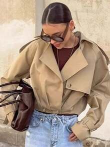 Short Casual Coat 2026, Khaki Jacket With Fitted Waist For Petite Women - Khaki - View 10