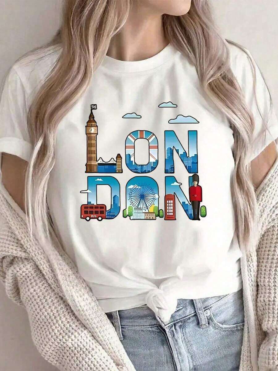 Women's Casual T-Shirt With London Landmarks Print, White, Round Neck, Comfortable And Loose, Suitable For Everyday Wear. - 白色 - View 1