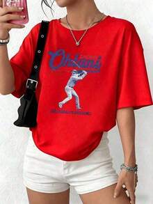 Women's Pure Cotton Printed Short-Sleeve T-Shirt, Women's Pure Cotton Printed T-Shirt, Motion Baseball Player Graphic Symbolizing Strength, Passion, And Sportsmanship With Artistic Lettering, Los Angeles Baseball Women's T-Shirt, Soft And Comfortable Cotton For Everyday Wear, Blouses, Pretty, 100% Cotton - 紅色的 - 查看 5
