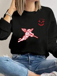MSUCC|Women's Basic T-Shirt With Round Neck, Print, American Style, Modern And Youthful Design, Suitable For All Seasons And Daily Wear, With Soft Fabric|Women's Black Long-Sleeved Blouse With Angel And  Face Print - 黑色 - 查看 1