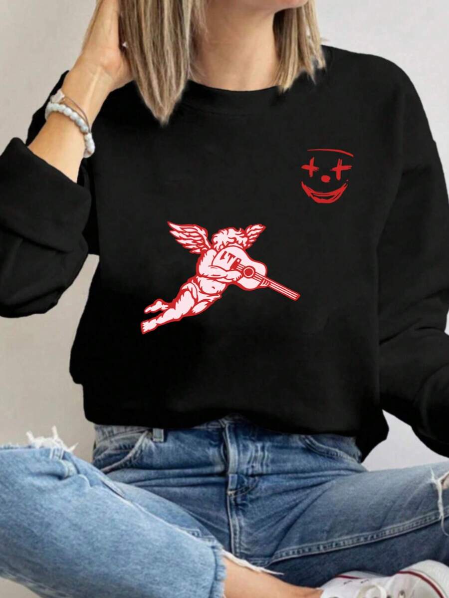 MSUCC|Women's Basic T-Shirt With Round Neck, Print, American Style, Modern And Youthful Design, Suitable For All Seasons And Daily Wear, With Soft Fabric|Women's Black Long-Sleeved Blouse With Angel And Face Print - 黑色 - 查看 1