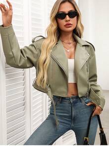 Women's Solid Color Minimalist Casual Zip-Up Short Jacket - Green - View 8