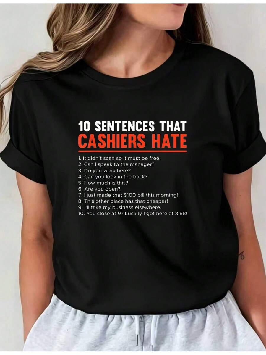 Women's Casual Sports T-Shirt - Light Gray Crew Neck Stretch T-Shirt With Text Design On Sweatpants. Machine Washable, Comfortable Fit, And Suitable For All Seasons, Perfect For A Casual And Sporty Look. - Black - View 1