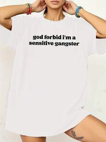 Women's Loose-Fitting T-Shirt With The Funny Slogan "Oh My God, I'm A Sensitive Gang Leader!" - Casual Short-Sleeved Crew Neck T-Shirt In Light Gray And Black, Loose And Breathable, Ideal For Summer, Suitable For Casual Wear And Parties, Unique Design T-Shirt, Comfortable And Versatile, Machine Washable. - 白色 - 查看 8