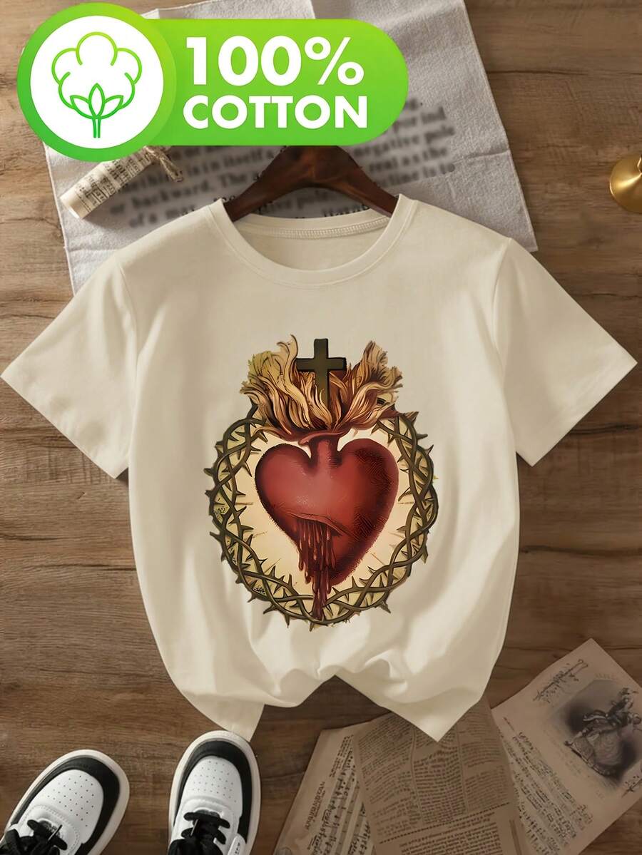 Women's Short-Sleeved T-Shirt, Retro Internet Celebrity Style, Featuring A Sacred Heart With Crown Of Thorns And Cross Design, 100% Pure Cotton, Round Neck, Printed Design, Soft And Comfortable Casual Style, Available In Multiple Colors For Spring, Summer And Autumn, A Great Gift Choice. - 杏色 - 查看 1