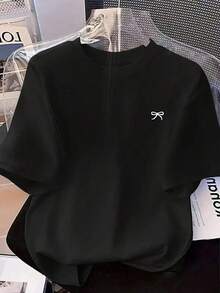 1pc Women's T-Shirt. Minimalist Design T-Shirt With Pop Culture Details And Modern Style, Ideal For Your Y2K Looks. Unique In Its Black Color And Perfect For Any Occasion. Attract Everyone's Attention With This Must-Have Garment For Your Wardrobe. Short-Sleeve Cotton T-Shirt - 黑色 - 查看 6