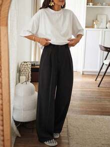 2026 Pantalones de pierna ancha de cintura alta y ajuste delgado para mujer| Estilo callejero bohemio| Adecuado para uso casual, ir al trabajo y vacaciones en primavera/verano Negro - Champán - Ver 2