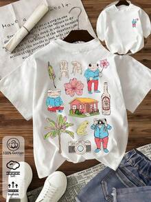 New Summer Casual Spring/Summer Arrivals For Women 2026: Spring/Summer T-Shirts, Girls' T-Shirts, White Tops, Women's Spring/Summer Clothing, Printed T-Shirts, Printed Tops, Cotton Tops, High-Quality T-Shirts, Blue T-Shirts, Retro Style, Preppy Style, Cute Style, Urban Style, Gen Z, Millennial Style, Y2K, Punk Style, Distressed Style, Minimalist Style, Simple Style, Casual Style, Everyday Style, Vacation Style, Fun Prints - Vintage Street Style Unisex Loose Cotton Short Sleeve Crew Neck T-Shirt - 白色 6 - 查看 6