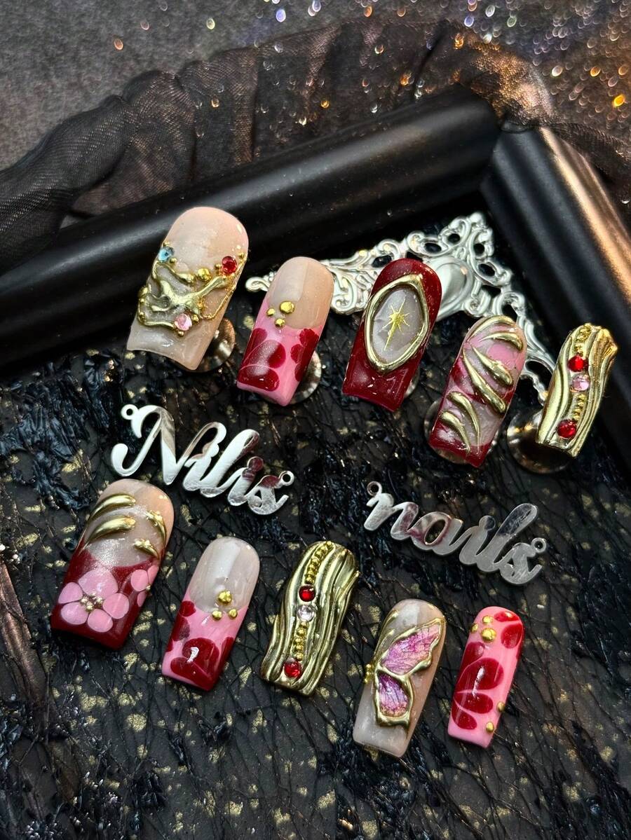 Set de 10 piezas de uñas cuadradas de cobertura completa hechas a mano, que incluye uñas rojas, uñas francesas rosas, patrones florales pintados a mano en rosa y rojo