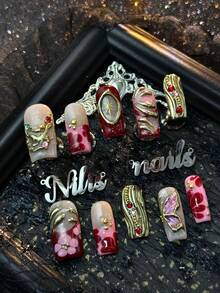Set de 10 piezas de uñas cuadradas de cobertura completa hechas a mano, que incluye uñas rojas, uñas francesas rosas, patrones florales pintados a mano en rosa y rojo - Rojo - Ver 3