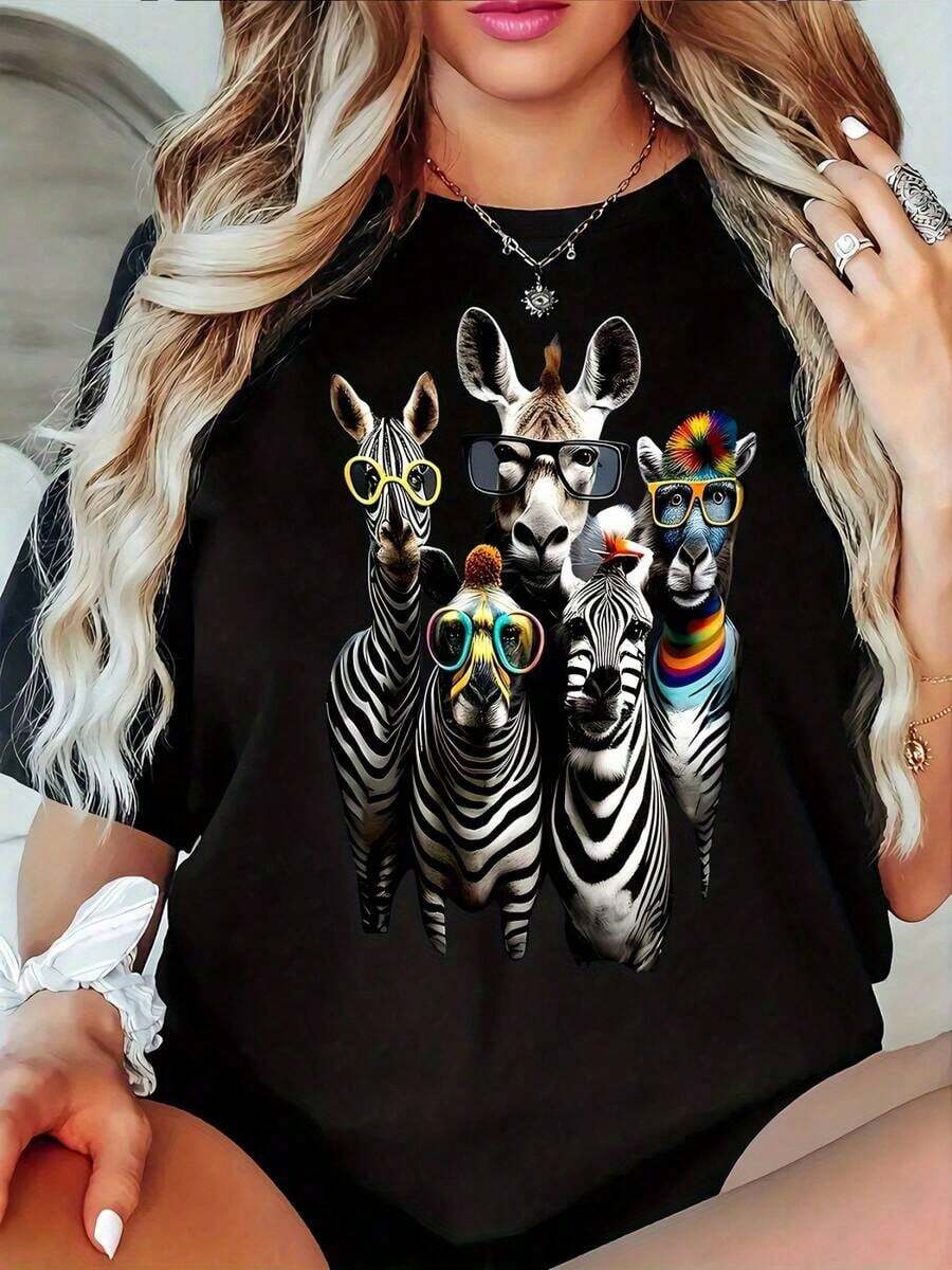Women's Casual Printed T-Shirt, Round Neck, Short Sleeve, Slightly Stretchy Fabric, Regular Fit, Comfortable Top For All Seasons, Women's Clothing - 黑色 - 查看 1