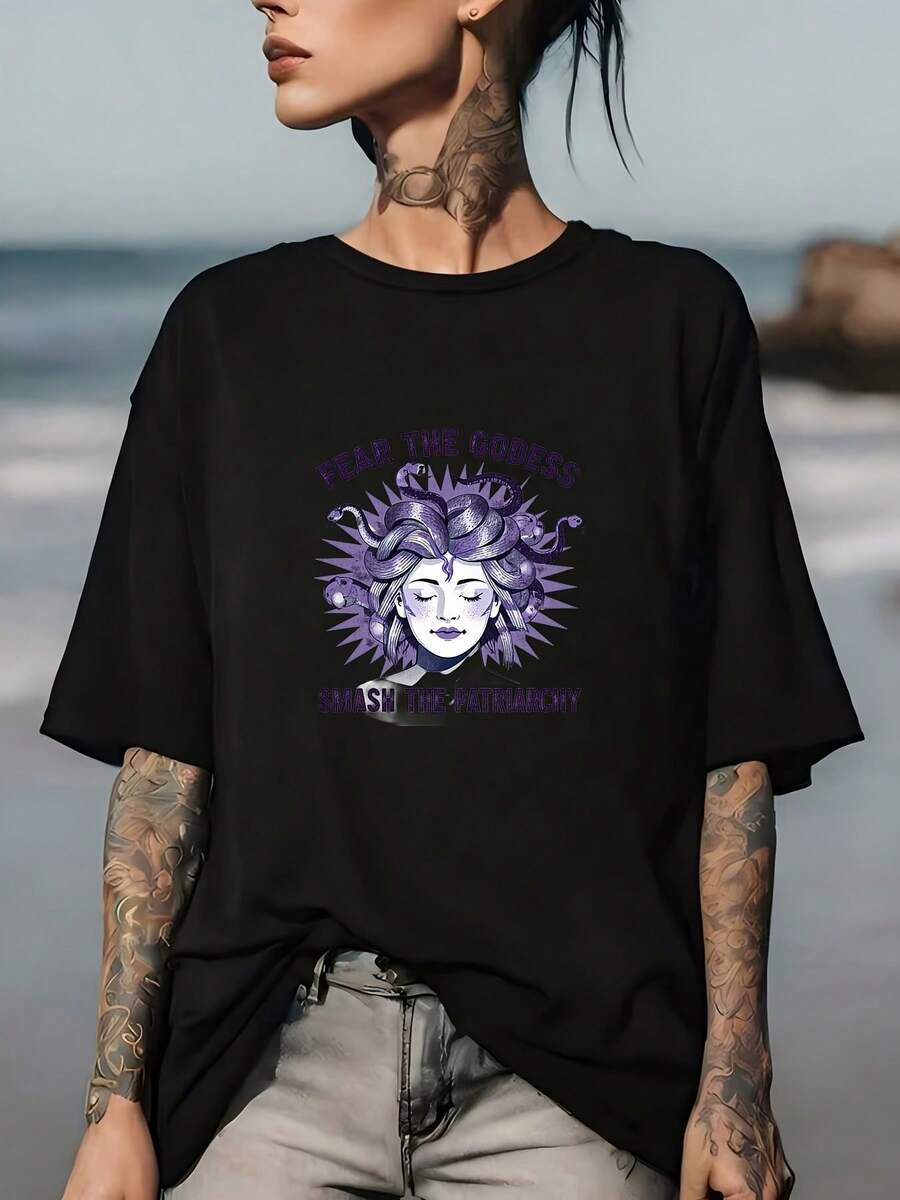 Admire The Goddess, Break The . Women's 180g Summer T-Shirt, A Perfect Gift For Family Gatherings And Corporate Team-Building Activities, A Stylish Companion For Labor Day Celebrations. - 黑色 - 查看 1
