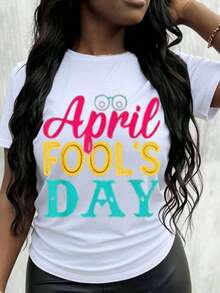 Funny April Fools' Day T-Shirt, Women's Casual Top, Colorful Printed T-Shirt For April Fools' Day Celebration - White - View 7