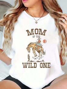 Women's 100% Cotton T-Shirt, "Jungle Mom" Print, 1st Birthday, Western Cowboy Rodeo Style, Crew Neck, Short Sleeve, Casual, Summer, Graphic Tees, Women's Tops, Comfortable Cotton T-Shirt - 白色 - 查看 1