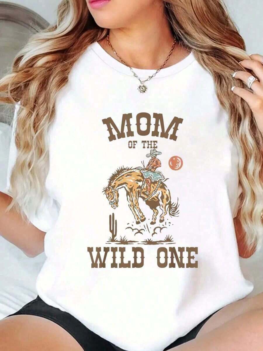 Women's 100% Cotton T-Shirt, "Jungle Mom" Print, 1st Birthday, Western Cowboy Rodeo Style, Crew Neck, Short Sleeve, Casual, Summer, Graphic Tees, Women's Tops, Comfortable Cotton T-Shirt - 白色 - 查看 1