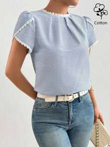 Camisa de mujer elegante y casual con mangas abombadas y volantes de unicolor - Azul - Ver 8