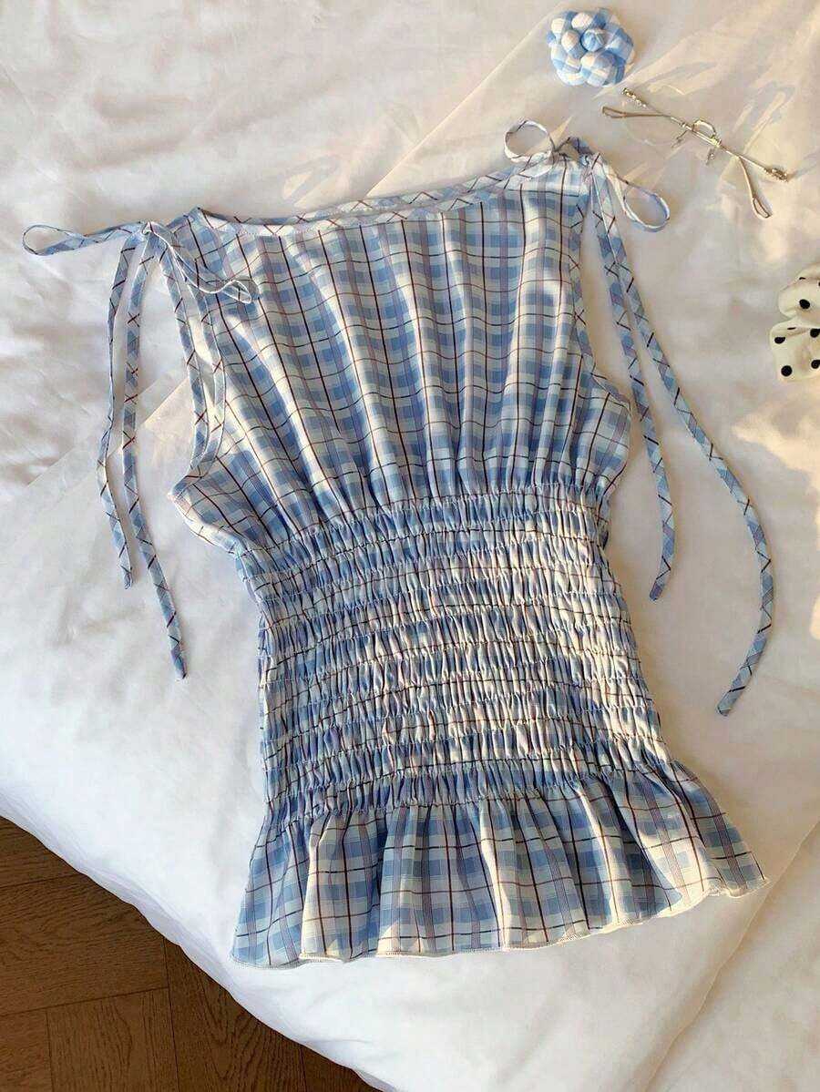 Blusa casual de mujer de algodón a cuadros naranja con tirantes tejidos y cordón en la cintura, blusa a cuadros naranja de verano, adecuada para el Día de San Valentín, el Carnaval, la playa, las vacaciones, el uso casual, la calle, la univers - Multicolor - Ver 1