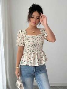 Blusa elegante de mujer con estampado floral diminuto y ajuste ceñido - Multicolor - Ver 7