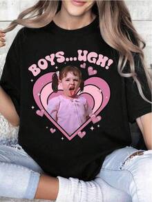 100% Algodón Premium 180g : Camiseta única y divertida con diseño Y2K "Boys... UGH!" en colores rosa y negro destaca el amor y la frustración juvenil ideal para los amantes de la moda alternativa. Perfecta para un estilo desenfadado y moderno, ¡hazla tuya ahora mismo!. Ropa de Moda Casual Suave y Transpirable para Diario - Negro - Ver 1