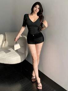 Camiseta de mujer con cuello en V ajustada y sexy, tops para salir en primavera/verano - Negro 2 - Ver 2