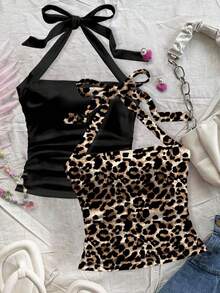 Set de 2 tops de mujer con cuello halter, espalda descubierta y estampado floral fruncido - Multicolor 3 - Ver 4