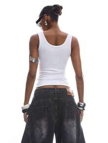 2026 Nuevo Camiseta de mujer minimalista para primavera/verano con decoración de metal, Camiseta de mujer, Camiseta deportiva de mujer, Blusa y camisa de mujer, Top de yoga, Negro - Blanco 2 - Ver 2