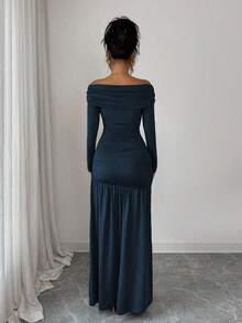 Vestido de punto ajustado de manga larga con hombros descubiertos, elegante y vintage, adecuado para otoño/invierno, Halloween - Azul marino - Ver 2