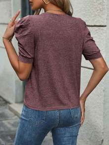 Selamara Camiseta casual de verano para mujer, de unicolor, cuello redondo y manga abullonada - Burdeos - Ver 2