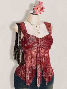 ICON Camiseta asimétrica transparente con estampado de cachemira para mujer de talla grande, top de rave, top transparente, para vacaciones de verano, temporada de graduación, temporada de regreso a clases, ropa de verano, Y2K. - Burdeos 2 - Ver 6