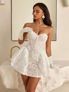 Vestido elegante, noble y de estilo palaciego de encaje blanco sin tirantes, con ballenas, cintura marcada y silueta evasé, adecuado para despedida de soltera, boda, graduación, vacaciones, fiesta de novia y Día de San Valentín - Blanco - Ver 8