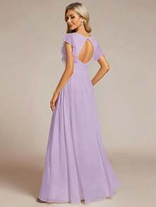 Vestido de dama de honor de gasa, diseño con escote en V plisado de manga corta, espalda abierta drapeada y bajo asimétrico, adecuado para bodas, uso vacacional, vestido de madre de la novia en primavera - Púrpura malva - Ver 4