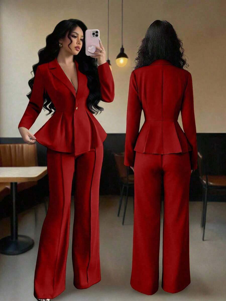 con cintura ceñida elegante, pantalones slim con vuelo de moda para ir al trabajo, atuendo para vacaciones/citas, Día de la Independencia, atuendo de maestra para mujeres - Rojo - Ver 1