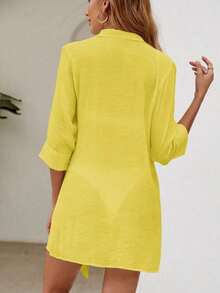 Swim Vcay Kimono de cobertura de unicolor con botones frontales para mujer, ideal para playa, vacaciones y uso casual en verano - Amarillo - Ver 2