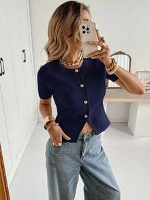 Cárdigan casual de mujer de manga corta, cuello redondo, con botones delanteros, de unicolor y delgado - Azul - Ver 3