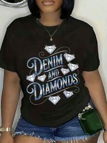 Camiseta Gráfica de Manga Corta, Camisa de Mezclilla y Diamantes, Camisa de Mezclilla y Perlas, Camisa Western de Mezclilla y Diamantes, Camisa Glam Cowgirl, Vintage - Negro - Ver 1