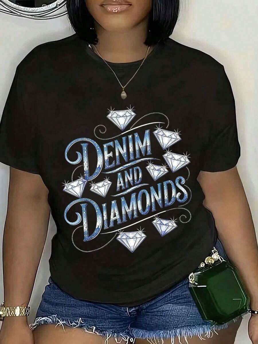 Camiseta Gráfica de Manga Corta, Camisa de Mezclilla y Diamantes, Camisa de Mezclilla y Perlas, Camisa Western de Mezclilla y Diamantes, Camisa Glam Cowgirl, Vintage - Negro - Ver 1